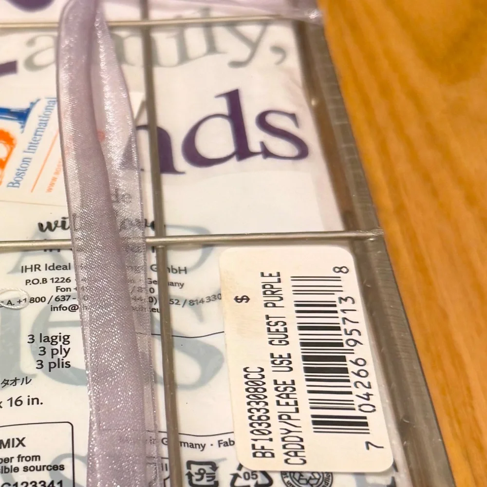 NWT Boston International Purple Friends & Guests 3-Ply Napkins and Caddy. 32 Ct
